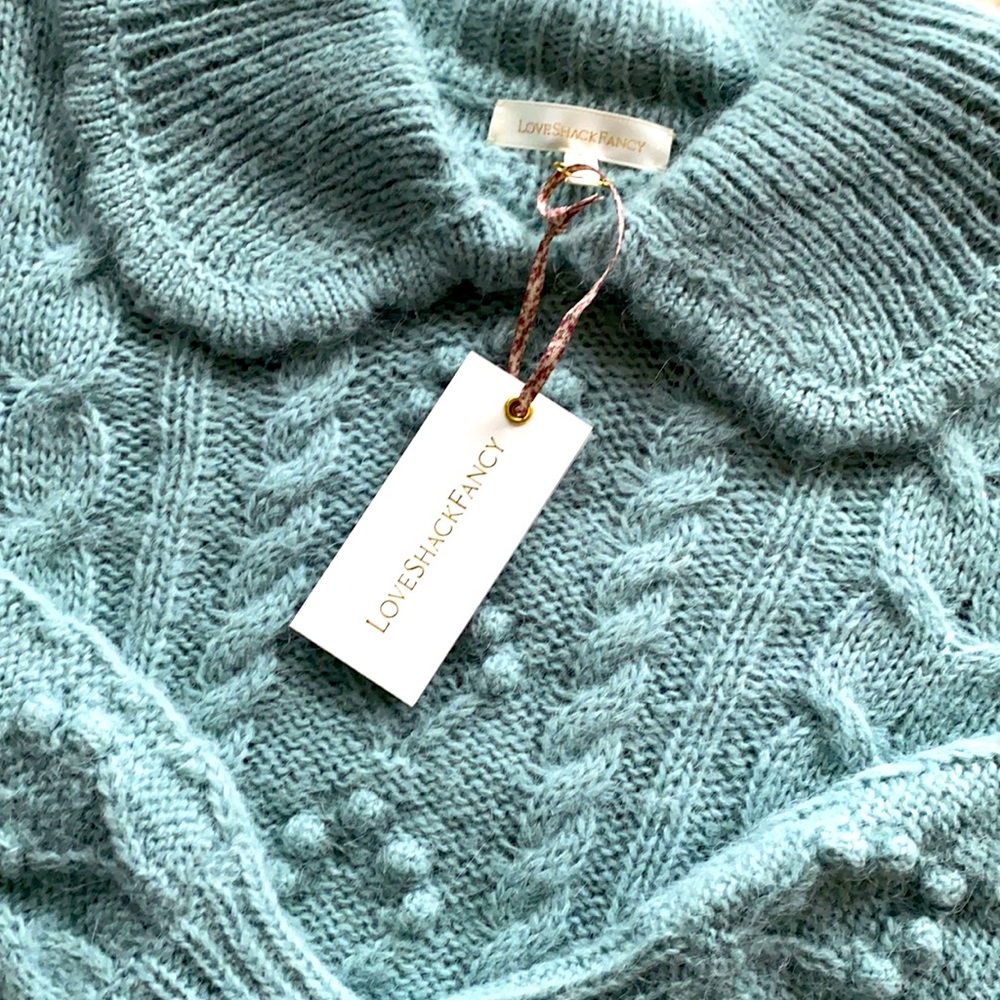 LoveShackFancy Berget Cropped Collard Alpaca Sweater Sparkling Brook L  NEW